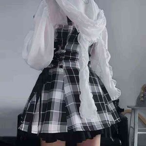 Kawaii плед плиссированные лолита мини платье женщины панк эмо хараджуку Y2K эстетические платья наборы гот фея гранж Alt KPOP одежда Y1204