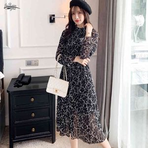 Print A-Line Office Lady Elegant Dress Fashion Spring Black Vintage Clothes Long Sleeved Pleated 8702 50 210521