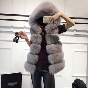 Ärmlös Faux Fur Vest Winter Casual Ytterkläder Kvinna Solid Fake Fur Hooded Overroats För Lady Fashion Fur Vest Femme 211122