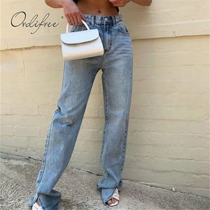 Hög midja kvinnor jeans streetwear blue mode kvinnliga slit denim byxor 210415