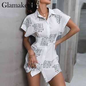 Glamaker White Summer Mini Shirt اللباس الأنيق مكتب السيدات إلكتروني مطبوعة الربيع قصيرة الأكمام مستقيم اللباس عارضة جديد 210412