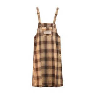 Żółty Brown Plaid Bib Ogółem Midi Dress Dungares Salopette Pełna długość Kieszenie Kobiety Jesień Kieszonkowy D1426 210514