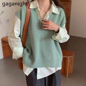 GaGanight Örgülü İki Adet Set Kadın Kolsuz V Yaka Örgü Yelek + Katı Uzun Kollu Gömlek Üstleri Kadın Kazak Kıyafetler 210519