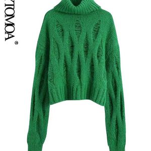 KPytomoa Mulheres Moda Solta Rasgado Crop Verde Sweater Sweater Vintage Pescoço Alto Manga Longa Fêmea Pullovers Chic Tops 211123