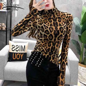 Mode kvinnor långärmad leopard blus turtleneck skjorta damer ol party topp streetwear blusas elegante plus storlek toppar 7704 50 210521