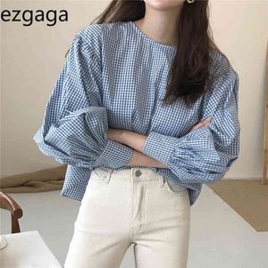 Ezgaga plaid blus kvinnor koreansk söt mode o-nacke lång lykta ärmlös flicka skjortor all-match anbud casual blusas 210430