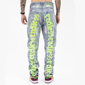 Buchstabenjeans für Männer Ins Street Broken Hole Jean Homme Loose Endless Denim Pants Moto Trouse