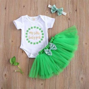 0-24m Nascido infantil bebê meninas roupas conjunto de quatro folhas impressão de trevo romper lantejoulas tutu saias outfits 210515