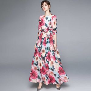 Summer Women Long Sleeved Chiffon Dress O-Neck High Waist Floral Print Beach Maxi Dresses Sexy Holiday Vestidos 210529