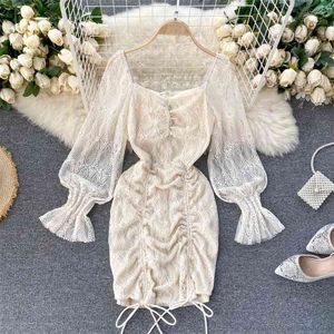 Autumn Pull Rope Pleated Slim Sexy Package Hip Lace Dress Women Fashion Square Neck Long Sleeve Vestidos P472 210527