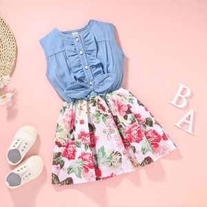 Girls Ruffle Bow Denim Flor Vestidos Verão 2021 Crianças Boutique Roupas Coreano 2-6t Crianças Sleeveless Dress