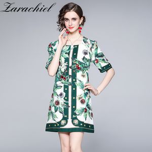 Women's Square Collar Half Sleeve Short Summer Green Floral Print Gemstone Beading Vintage Party Straight Dress 210416