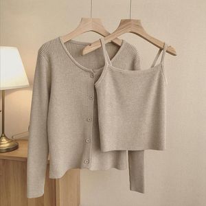 Women's Sweaters SYJ Casual Sling Camisole Knitted Cardigan Jacket Women Korean Basic Vest+long Sleeve Top Solid 2 Piece Set Sweater Oversiz