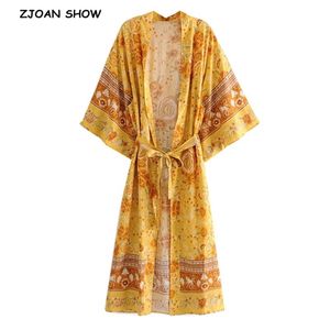 Czechy V Neck Gold Flower Print Maxi Długie Kimono Kardigan Etniczne Kobiety Sznurowanie Bow Sashes Koszula Boho Luźna Bluzka Topy 210429