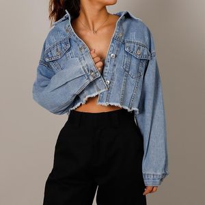 Höst denim beskuren jacka kvinnliga fickor hål kort jean damer mode knäppas casual solidrockar