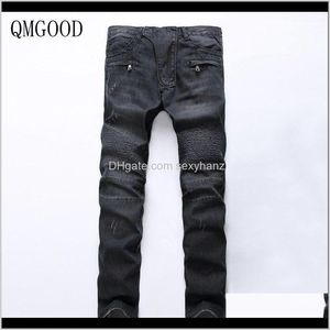 QmGood Mens Ripped Jean Denim Prosta rowerzysta Mężczyźni myte Skinny Jeans Homme Vintage Slim Fit Brand Spodnie Stretch ETVXT M19CD