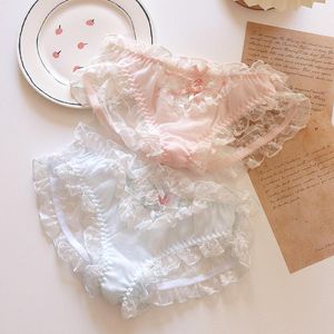 Bras sätter kvinnor trosor kawaii underkläder spets underkläder kvinnor flickor blå rosa trosor japanska sexiga söta thongs lolita trosor ruffles mid-rise