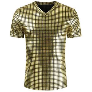 ゴールドコーティングメタリックTシャツ男性シニーカジュアルVネックメンズTシャツナイトクラブシャツヒップホップティートップチェック柄原宿ストリートウェア210524