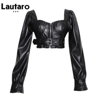 Lautaro y2k svart faux läder skörd topp kvinnor fyrkantig hals ärmsäcken blixtlås beskuren jacka plus storlek sexig backless mode 210909