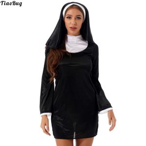 TiaoBug Lady Women Nun Costume Cosplay Gioco di ruolo Halloween Carnival Stage Outfit Collo alto Abito manica svasata con foulard Y0903