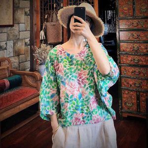 Johnature Batwing Sleeve Kinesisk stil Blusar Topp Kvinnor Höst Ramie O-Hals Casual Print Loos Casual Shirt 210521