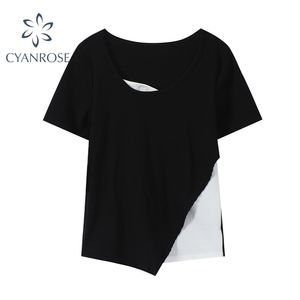 Mulheres verão falsificadas 2 peças casuais top camiseta estilo coreano irregular harajuku manga curta tee tops 210515