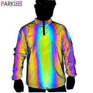 Stand Collar Colorful Reflective Jacket Men Hip Hop Night Sproting Coat Glow Rainbow Noctilucent Fluorescent Jacket 3XL 210522