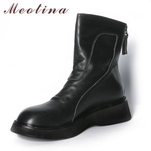 Meotina Hakiki Deri Platform Orta Topuk Ayak Bileği Çizmeler Kadın Ayakkabı Fermuar Tıknaz Topuklu Kısa Çizmeler Kadın Sonbahar Kış Siyah 40 210520