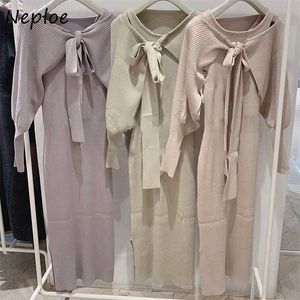 Neploe Outono Roupas Femininas Elegante Doce Vestidos Malha Drawstring Slow Slow Sleeve Tops Slim Vest Vestidos 2pcs Sets 211109