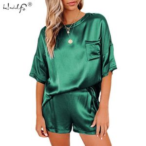 Verão Seda Pijama Set Mulheres Sexy Seda Cetim Sleepwear Home Terno Cetim Pijama Feminino Lounge Lounge Wear Sets PJS para Mulher q0706