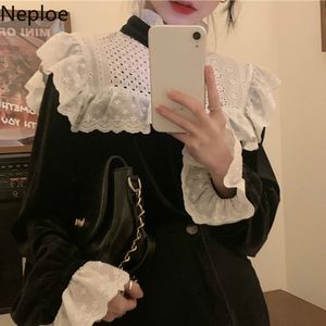 Neploe Velvet Vintage Shirt Lace Patchwork Ruffles Women Blouses Turtleneck Short Black Blouse Loose Chic Elegant Blusas Tops 210422