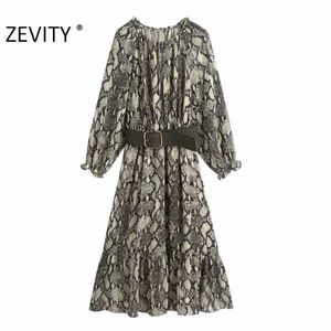 ZEVITY women vintage snake skin print sashes midi dress female animal texture pleated ruffles kimono vestido chic dresses DS4474 210603