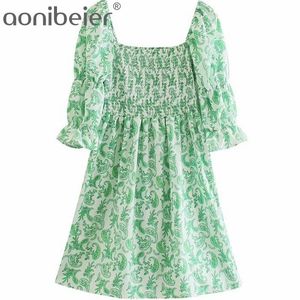 Paisley Drukuj Rękaw Puff Square Collar Shirred Body Kobiety Casual Mini Dress Lato Kobieta Wysoka Talia Zielony 210604