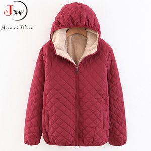 女性秋冬パーカーコートジャケット女性ラムフード付き格子縞長袖暖かいジャケットプラスサイズS~3XL Casaco Feminino