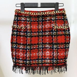 Sommer Kommen Quaste Pailletten Metall Kette Plaid Tweed Hosenträger Frauen Kurzen Rock Röcke