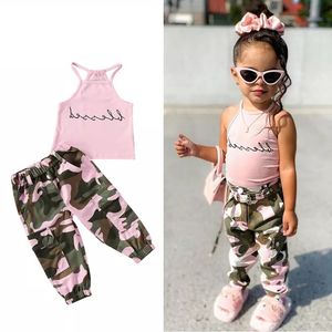 Kids Girl Vest Jacket Trousers Clothes Sets Summer Sleeveless Letter T Shirt Child Camouflage Pants Clothing Suit Fashion 31ej Q2