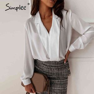 Sexy v neck office lady shirts Long sleeve spring summer female white solid tops work wear slim women blouses 210414