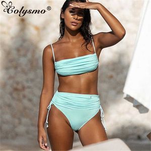 Colysmo Yüksek Bel Bikini Set İpli Dantel Up Dantelli Mayo Kadınlar Seksi İtme Yastıklı Mayo Vintage Polka Dot Tankini 210527