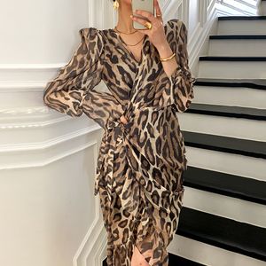 Ny Autumn Fashion Women's V-ringning Sexig långärmad Sahses Leopard Print Chiffon Asymmetrisk klänning plus STORLEK SML