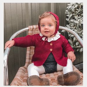 0-3Y Autumn Winter born Infant Baby Girl Knitted Coats + Hat Warm Solid Long Sleeve Jackets Clothes 210515