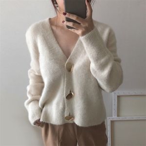 Höst vinter mode kvinnor mink cashmere cardigan tröja kvinnlig v-hals stickad långhårig mink cashmere tröja 210918