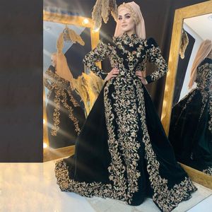 Moroccan Caftan Velvet Muslim Evening Dresses With Detachable Train Long Sleeves Celebrity Gowns Crystal Formal Women Arabic Dubai Wear