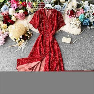 Korean Red elegant sexy Dress women summer beach V-neck polka dot midi dress waist split vestidos de fiesta clothes 210508