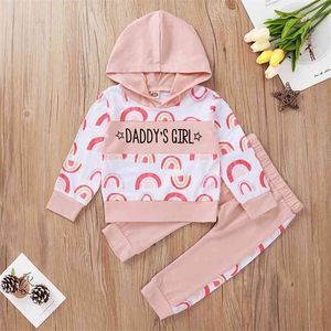 Baby Girls Roupas Rosa Arco-íris Impressão Com Capuz Top + Calças Conjuntos de Roupas Infantil algodão nascido para terno 210521