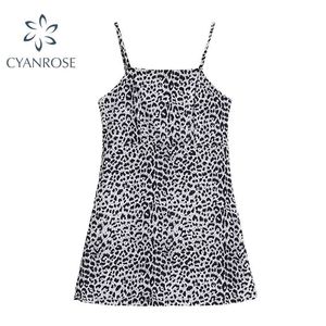 Summer Spaghetti Leopard Strap Mini Dress Women Fashion Sleeveless vintage Casual A-Line Lady Streetwear Clothes 210515