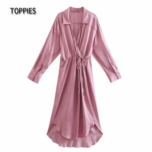 Spring Pink Knot Shirt Dresses Women Long Sleeve Midi Dress Satin Elegant Vestido 210421