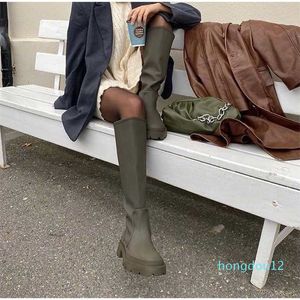 Mode Hohe Stiefel Damen Lange Stiefel Solide PU Niedrigen Absatz Frauen Schuhe Slip Auf Plattform Herbst Winter Weibliche Schuhe 211022