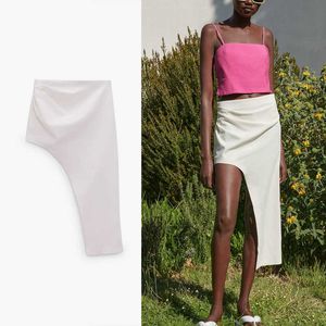 ZA非対称リネン夏のスカート女性のハイウエストセクシーなミディスカート女性ファッションサイドジップの不規則なヴィンテージRuched Skirt 210602