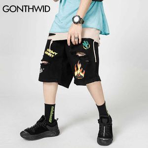 Gonthwid Yangın Alev Kaktüs Baskı Yıkılan Yırtık Baggy Denim Jean Şort Streetwear Hip Hop Rahat Kot Kısa Pantolon Siyah 210714