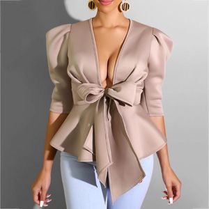 Женские блузкие рубашки элегантные женские рубашка Ruffle Sexy V Seck Bowknot Дизайнер -клуб -одежда осень 2021 года плюс топы размера женский блузка офис FA
